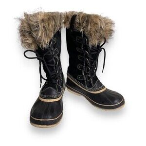 Sorel Joan of Arctic Waterproof Faux Fur Lace Up Black Winter Boot Women 7.5